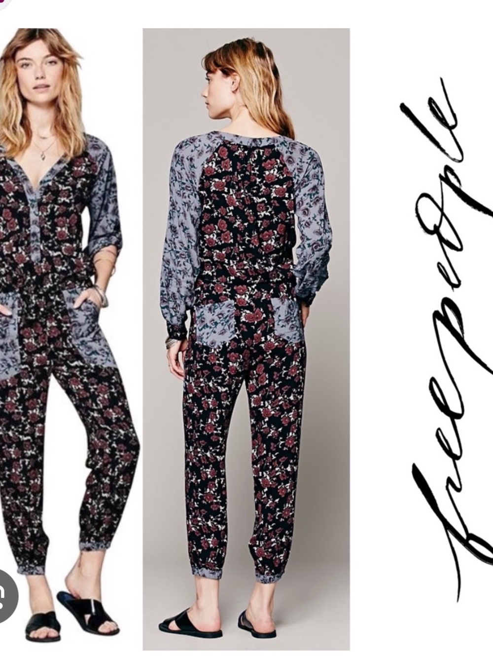 Free People Sheila Patchwork Black Floral Jumpsuit, Size Small